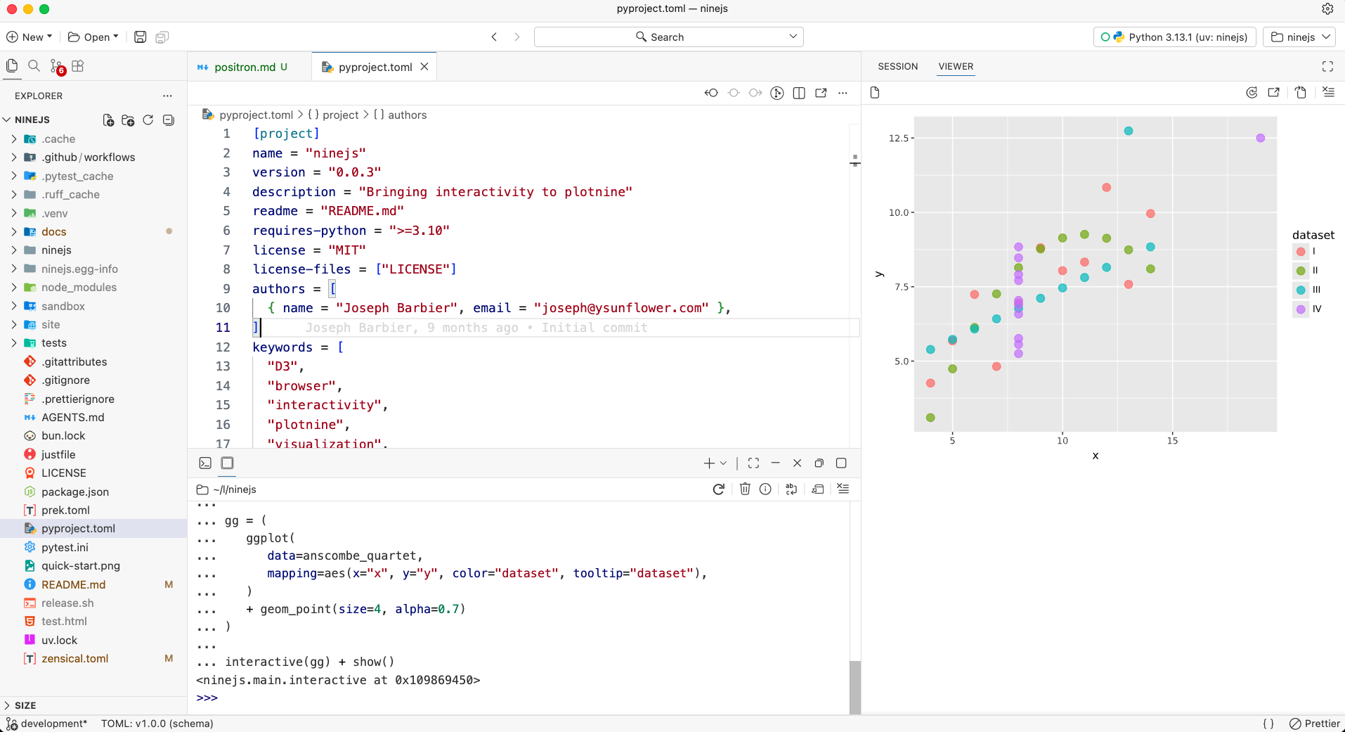 Positron viewer showing a ninejs Anscombe quartet scatterplot next to the Python source code